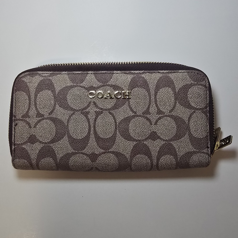 Coach F51097 Signature Double Zip Accordion Wallet Brown Tan Gold 12 Card